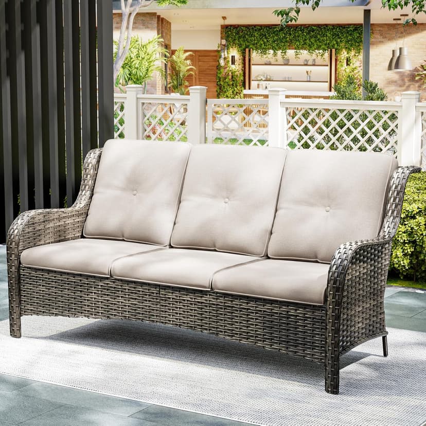 Joyside Outdoor Patio Couch Wicker Sofa - 3 Seater Rattan Sofa for Outside Patio Garden with Deep Seating and Olefin Cushions(Mixed Grey/Beige)