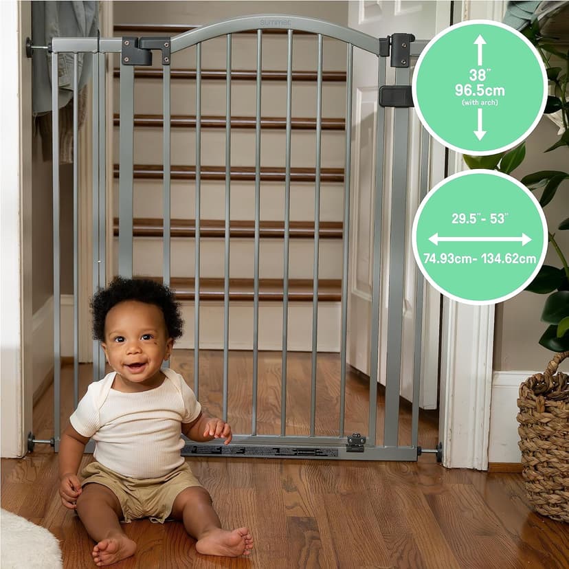 Summer Infant Extra Tall & Wide Safety Pet and Baby Gate, 29.5"-53" Wide, 38" Tall, Pressure or Hardware Mounted, Install on Wall or Banister in Doorway or Stairway, Auto Close Walk-Thru Door - Gray