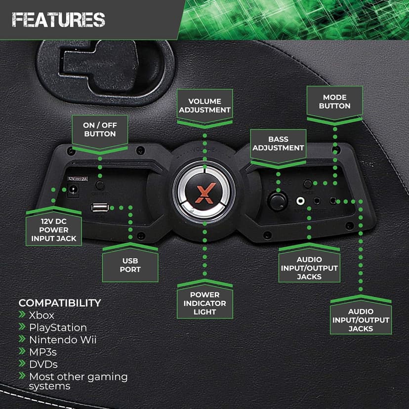 X Rocker Gamma Recliner Gaming Chair, 2.1 Bluetooth Audio System, Headrest Mounted Speakers, Built-in Footrest and Cupholder, 718001, 34.84" x 39.37" x 30.31", Black