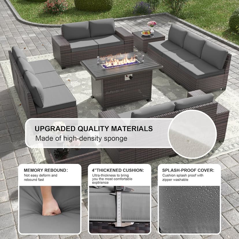 Kullavik 13 Pieces Outdoor Patio Furniture Set with 43" 55000BTU Gas Propane Fire Pit Table PE Wicker Rattan Sectional Sofa Patio Conversation Sets,Grey