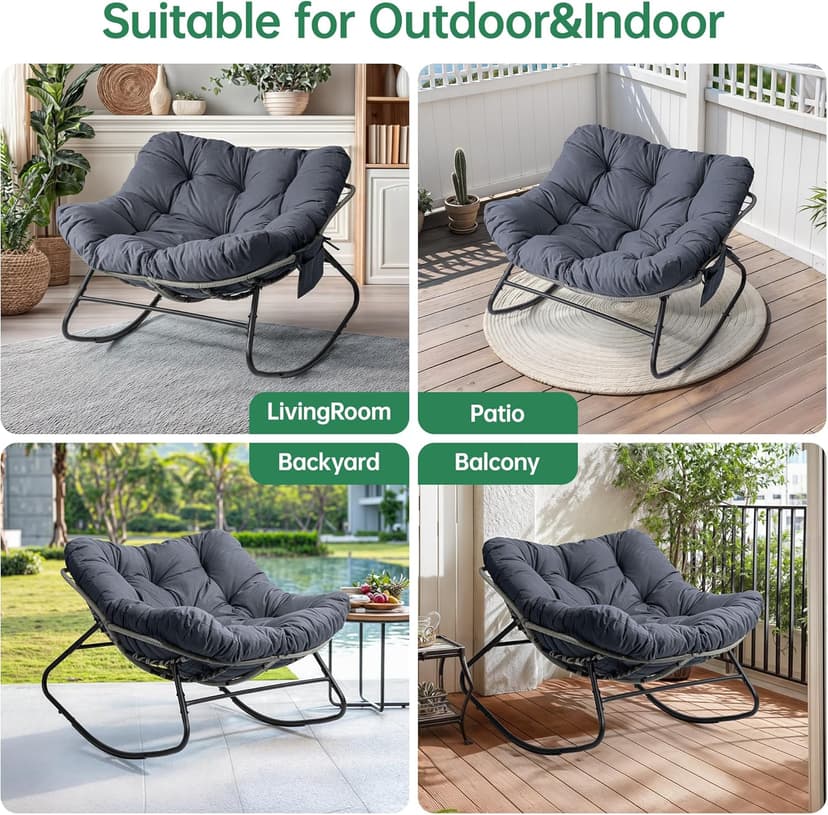 LotFun Papasan Rocking Chair, Outdoor Patio Rocking Chairs with Thick Cushion and Removable Side Pockets, Oversized Rocker Egg Chair for Bedroom, Porch, Garden (Dark Grey, 33" W x 40" D x 28" H)