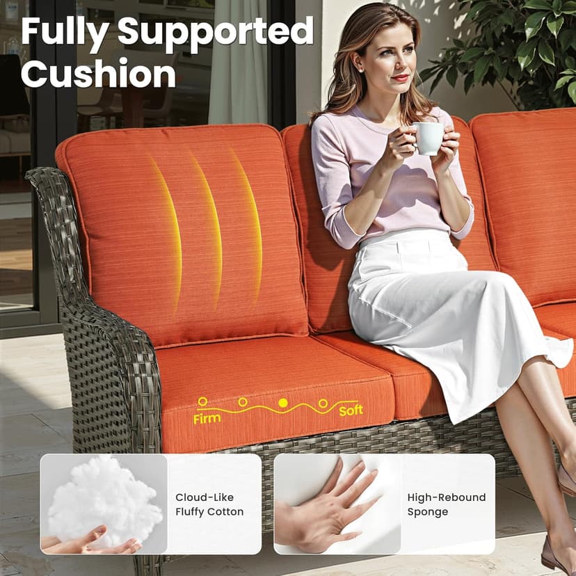 ovios 7 Pieces Patio Furniture Set, Outdoor Wicker Sofa Couch with Swivel Chairs 42" Fire Pit Table, All Weather High Back Modern Conversation Sets, Brown Rattan, Orange Red