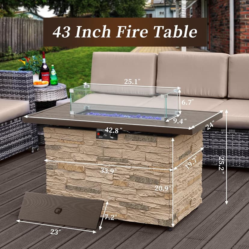 43" Propane Fire Pit Table Outdoor Stone Firepit Table Rectangular 50000 BTU Propane Fire Tables for Outside Patio with Wind Guard, Table Lid, Fire Beads, Cover,Pizzello Caldo (Buff)