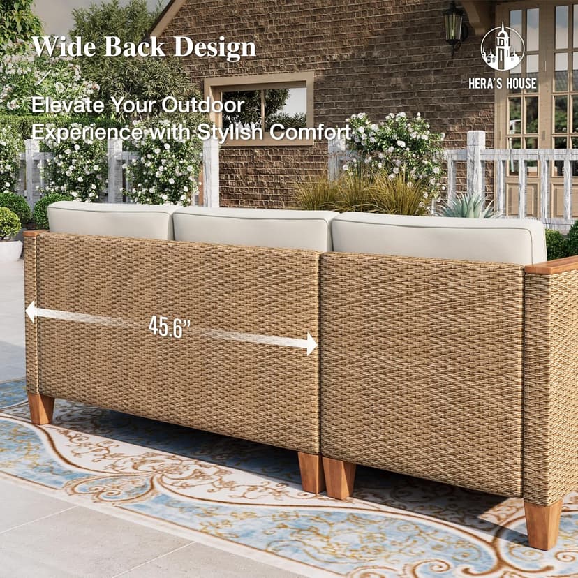 HERA'S HOUSE Small Patio Furniture Set, All Weather 3 Pieces Wicker Outdoor Sectional Set,Yellow Rattan Conversation Set with Lounge Sofa and Coffee Table for Lawn, Garden