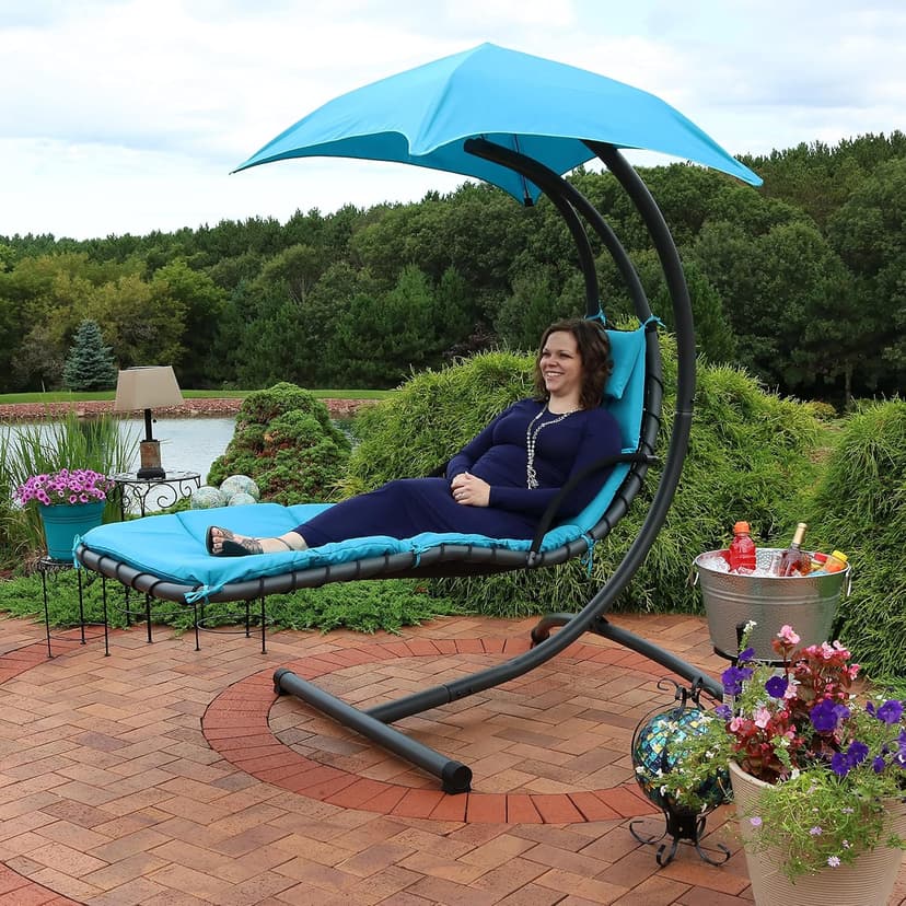 Sunnydaze Floating Chaise Lounger - Outdoor Hanging Patio Swing Chair with Canopy and Arc Stand - 260-Pound Capacity - Teal - 79 Inches Long