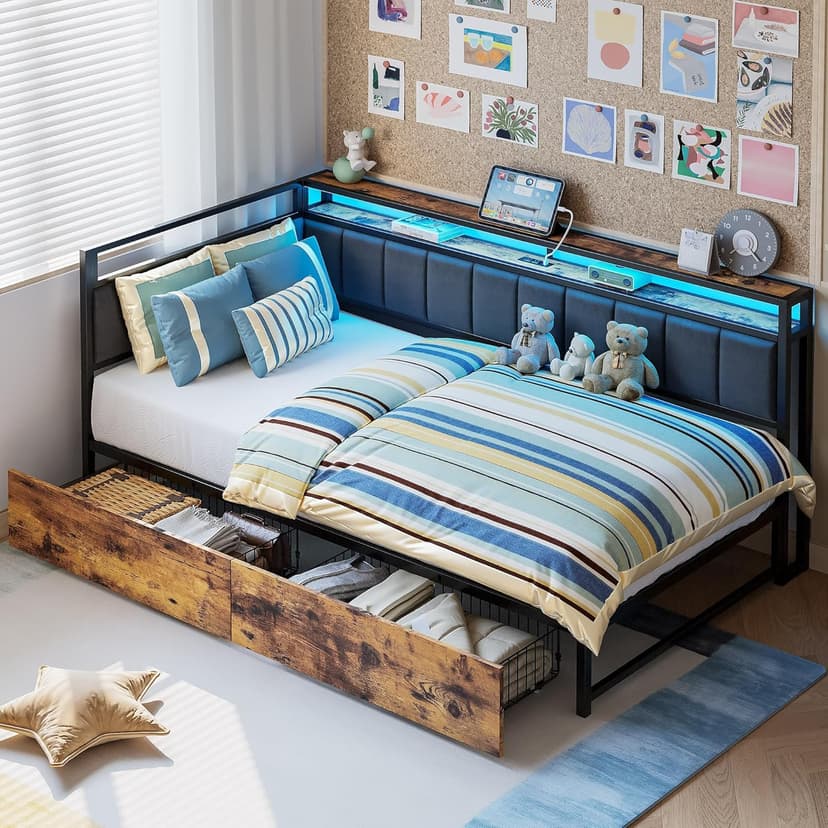LIKIMIO Corner Bed Frame Twin Daybed with Storage Drawers, Metal Platform Bed Frame with LED Light, Charging Station & Fabric Upholstered Fence, Black
