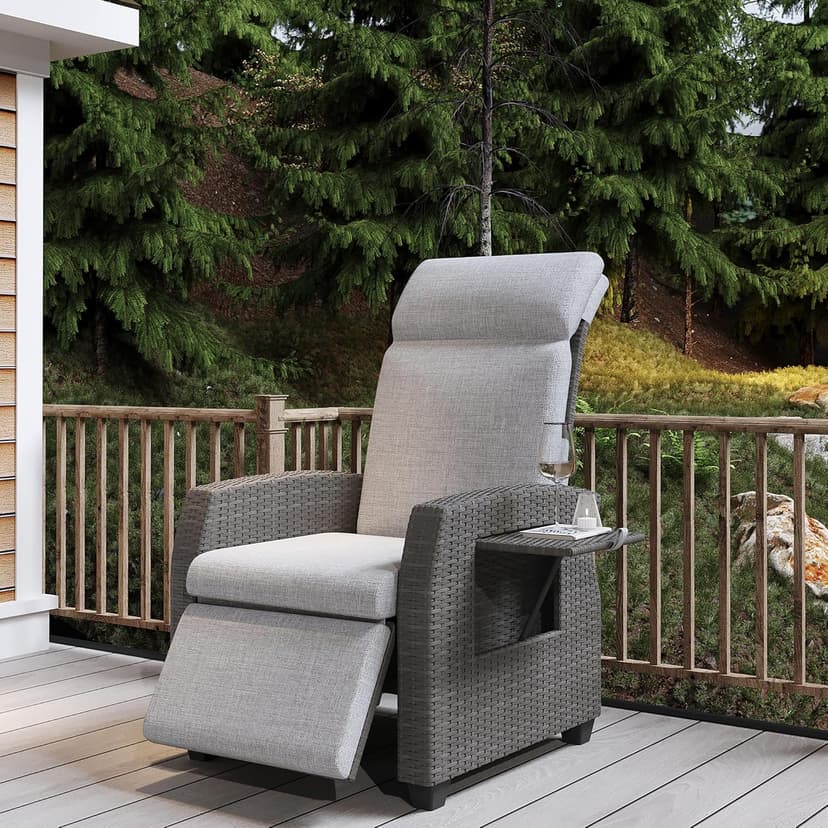 Outdoor Wicker Recliner Chair, Patio Recliner with Independently Adjustable Backrest and Footrest, All-Weather PE Wicker Patio Reclining Lounge Chair with Flip-Up Table Air Pump 155° Lay Flat