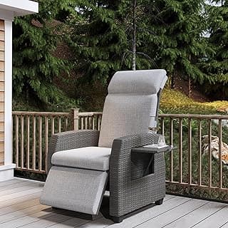 Outdoor Wicker Recliner Chair, Patio Recliner with Independently Adjustable Backrest and Footrest, All-Weather PE Wicker Patio Reclining Lounge Chair with Flip-Up Table Air Pump 155° Lay Flat