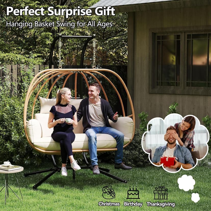 Hanging Chairs with Stand, All Weather Double Egg Chair Outdoor, Metal Hanging Egg Chairs Outdoor, 2 Person Oversized Swing Egg Chair, Modern Balcony Basket Loveseat for Indoor/Deck, Beige