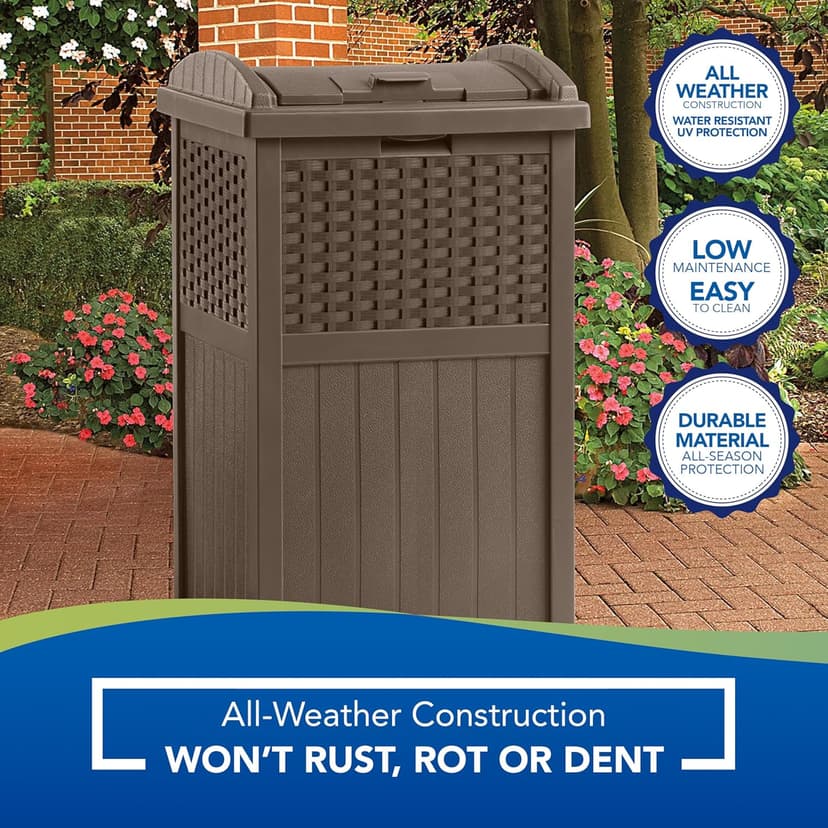 Suncast 33 Gallon Commercial Outdoor Trashcan Hideaway with Lid for 30 to 33 Gallon Trash Bags for Garage, Backyard, or Garden, Brown