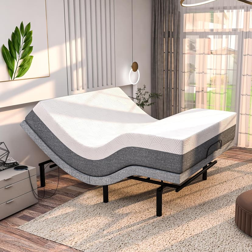 SFE Adjustable Bed with Mattress & Massage, Twin XL Adjustable Bed Frame + Medium Mattress - Cooling Gel Memory Foam Mattres, USB, UnderBed Light, Wireless Remote