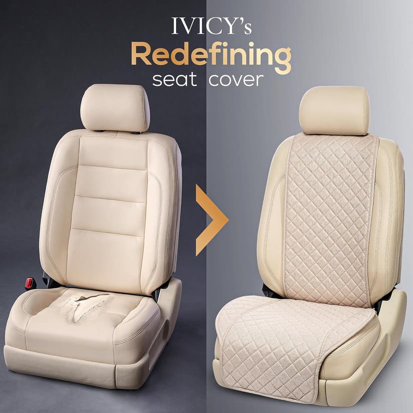 IVICY Linen Car Seat Cover for Cars - Non-Slip Soft & Breathable - Front Car Seat Protector Covers Universal Fits Most Automotive, Vans, SUVs, Trucks - 1 Unit - Beige