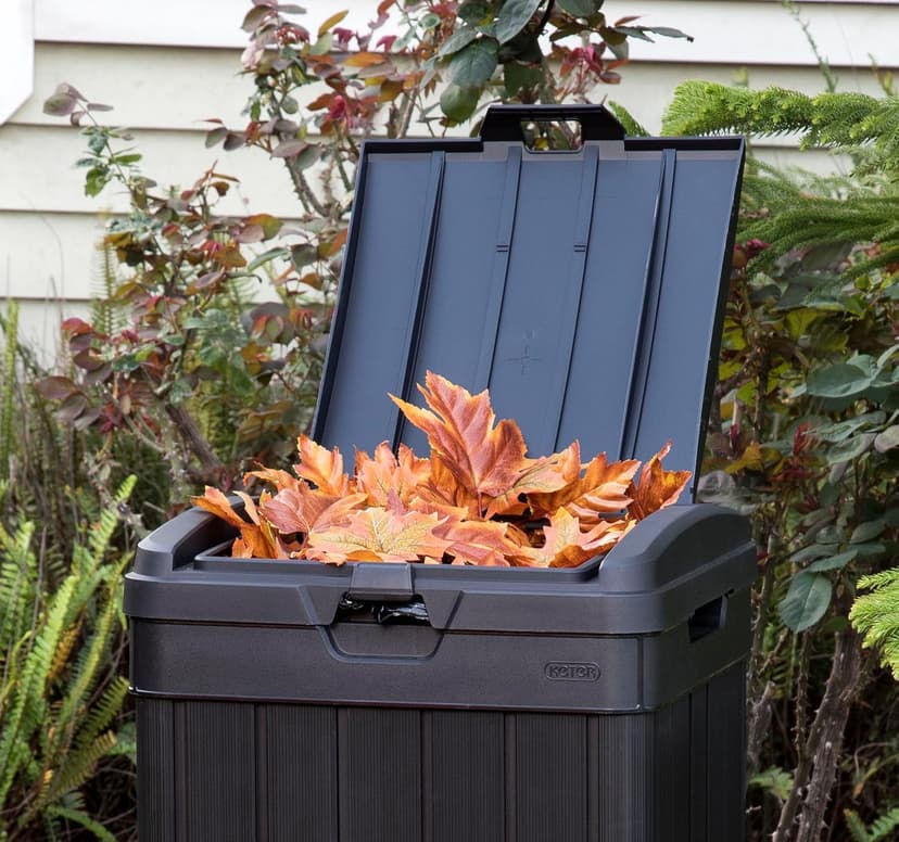 Keter Baltimore Resin 38 Gallon Outdoor Kitchen Trash Can with Lid and Drip Tray for Easy Cleaning-Perfect for Patio Dining, Black