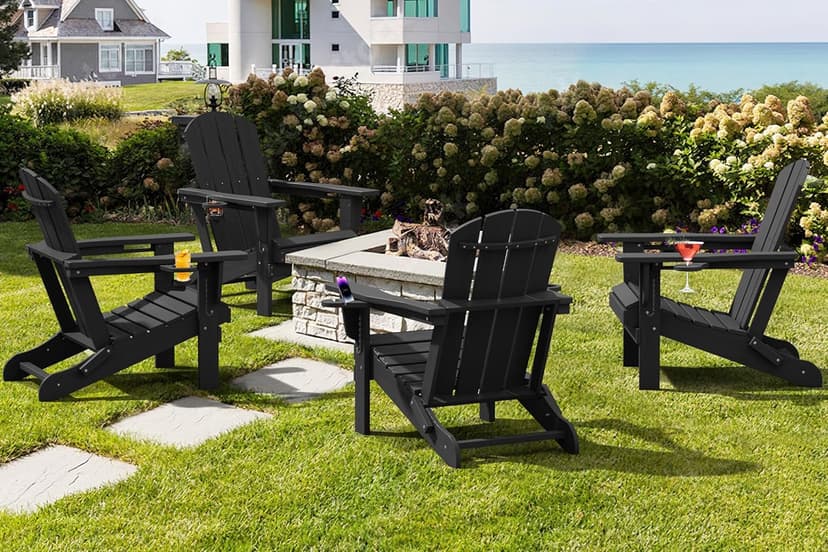 SERWALL HDPE Folding Adirondack Chair with Dual Cup Holder - Composite Adirondack Chair - Black
