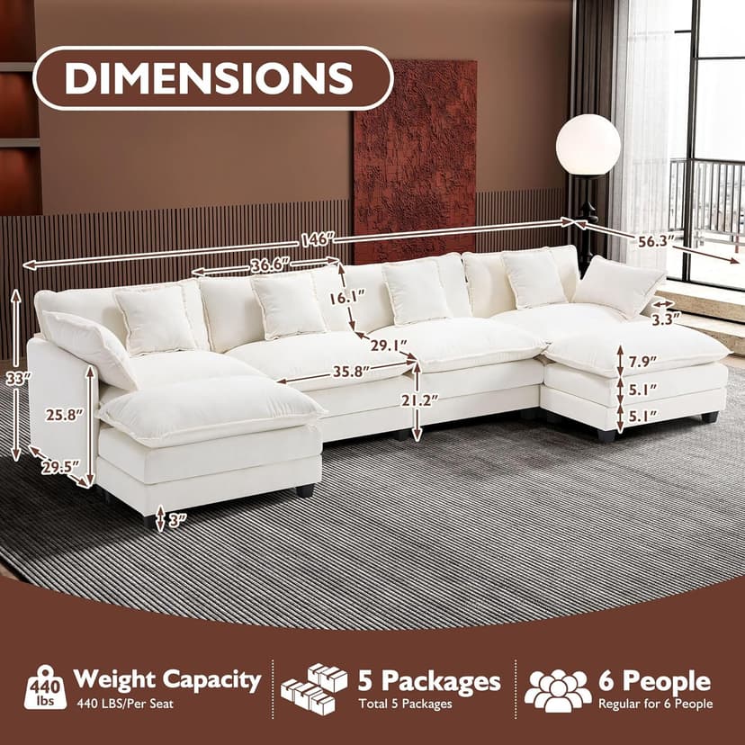 Ihanherry 146" U-Shaped Modern Sofa Modular Sectional Cloud Couch with 2 Ottoman, 6-Seat Chenille Deep Seat Sofa with 6 Pillows for Living Room, Bedroom and Apartment, Beige