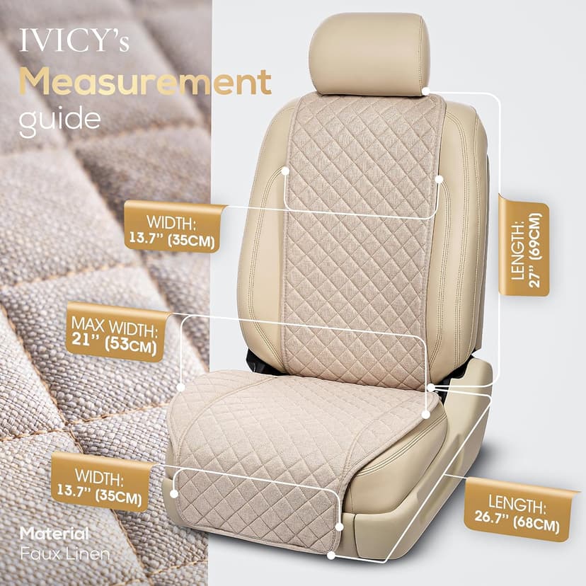 IVICY Linen Car Seat Cover for Cars - Non-Slip Soft & Breathable - Front Car Seat Protector Covers Universal Fits Most Automotive, Vans, SUVs, Trucks - 1 Unit - Beige