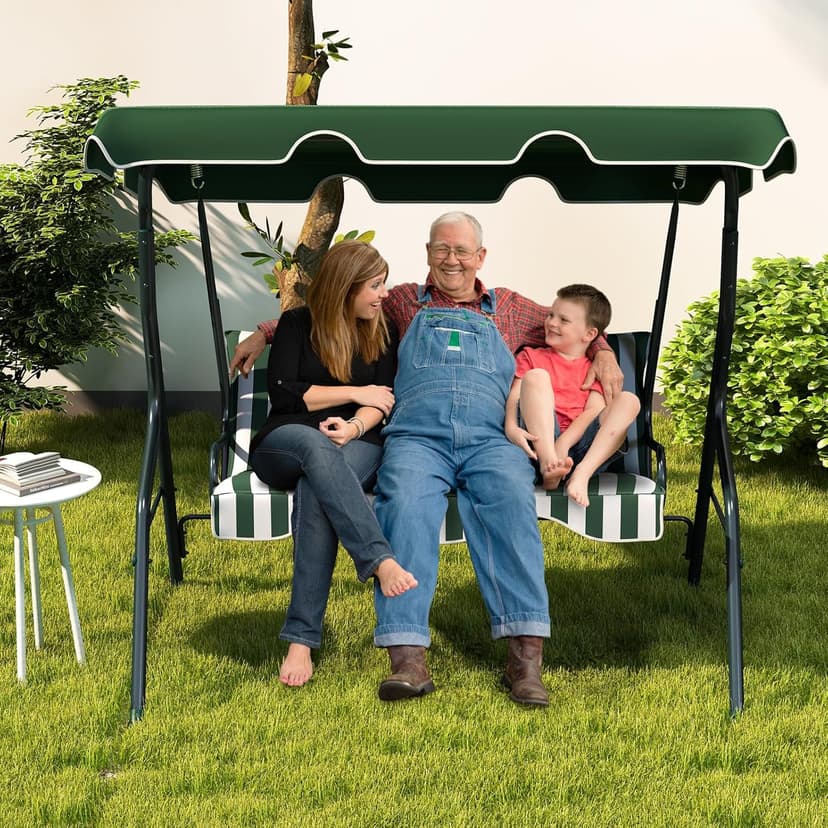 Tangkula 3 Person Porch Swing, Patio Swing with Removable Cushion & Powder-Coated Steel Frame, Outdoor Swing with Canopy for Porch, Backyard, Garden, Balcony (Green)