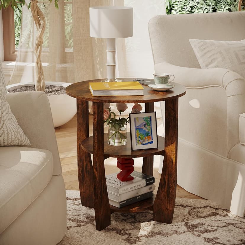 Round End Table with Storage Shelf,3 Tier Modern Side Table, Sofa Recliner Side Table,Accent Coffee Table,Nightstand for Living Room Bedroom for Small Spaces,19.7" D x 21.7" H