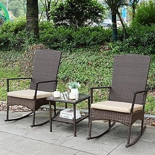 Outdoor Rocking Chair 3 Pieces High-Backed Rocking Chair Patio Rocking Chairs Outdoor Table, Khaki