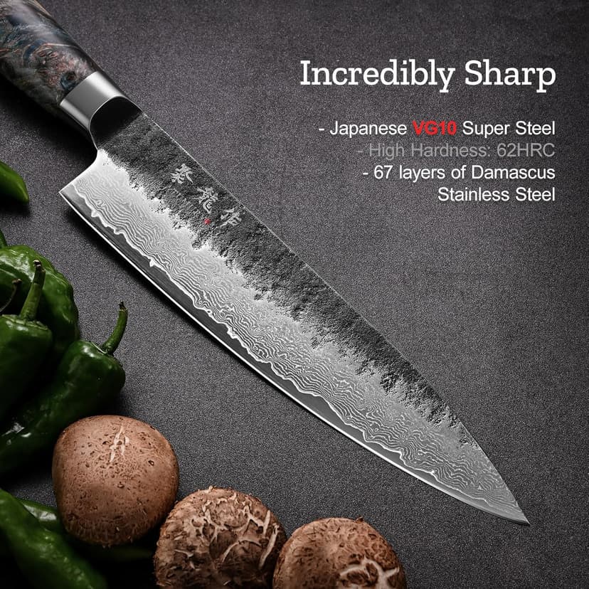 Japanese Chef Knife, 8 Inch Damascus Kitchen Knife with VG10 Steel Core, Professional Black Forged Kitchen Knives with Ergonomic Handle, Leather Sheath & Luxury Gift Box, Birthday Gifts for Men Women