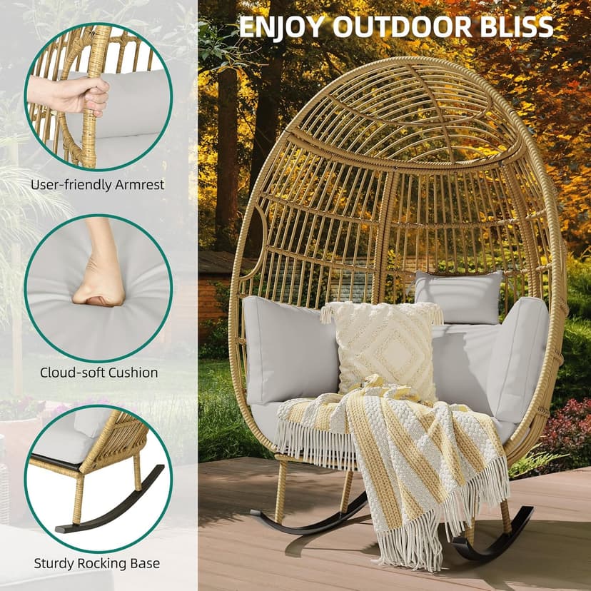 YITAHOME Wicker Egg Chair - Outdoor Rocking Chair for Patio, Grey