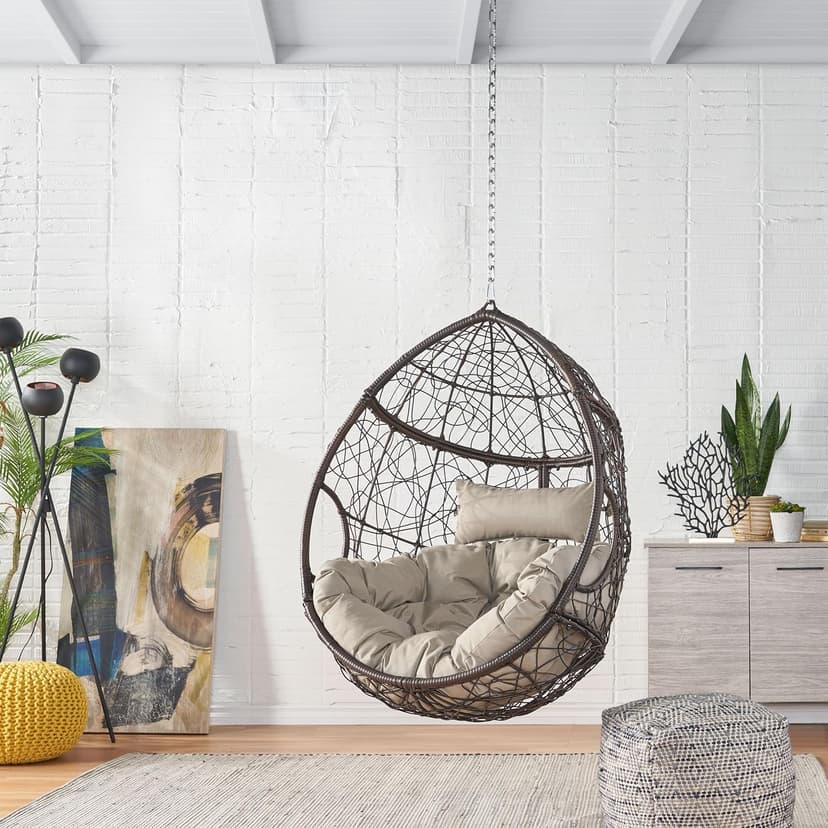 Outdoor Hanging Egg Chair with 8FT Chain, Patio Wicker Swing Egg Basket Chairs, Rattan Basket Hanging Chair Without Stand, Indoor Outdoor Wicker Hammock Egg Chair, Ideal for Patio Garden, Khaki Brown