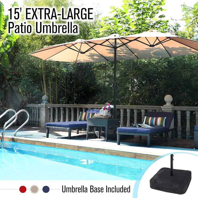 PHI VILLA 15ft Large Patio Umbrella with Base, Double-sided Outdoor Umbrella, Beige