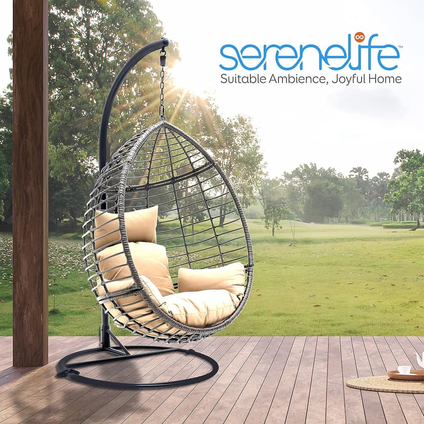 SereneLife Hanging Wicker Egg Swing Chair with Cushions & Stand – Brown Rattan Outdoor/Indoor Chair with 66 lb Capacity, Powder-Coated Steel Frame, Washable Weather-Resistant Cushions