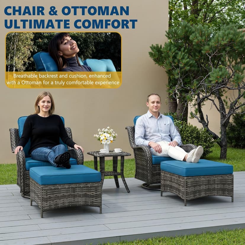 5 Piece Patio Furniture Set, Outdoor Swivel Chair Sets with Thick Cushion, Side Table and Ottoman, Wicker Patio Conversation Set for Deck Porch Sunroom