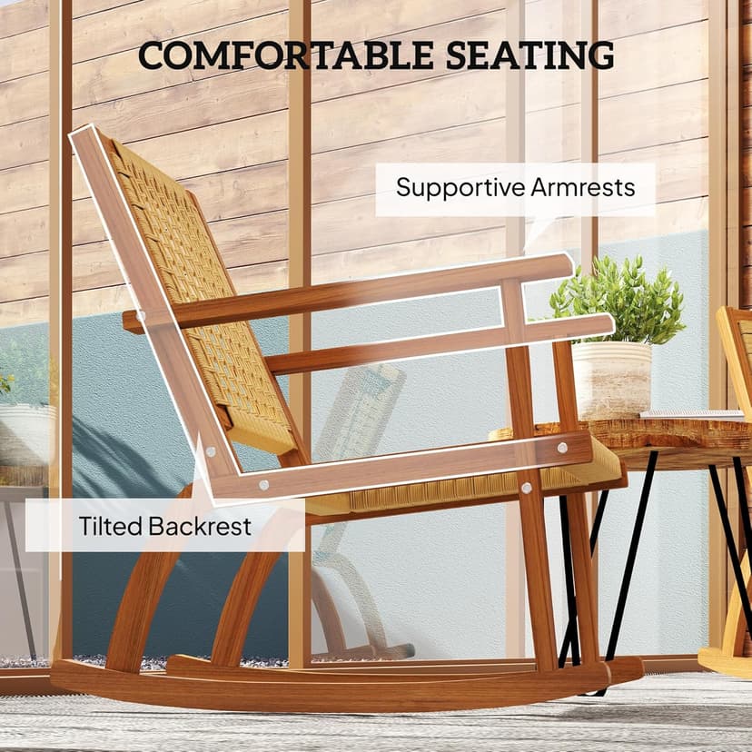 Outsunny Outdoor Rocking Chair Set of 2, Acacia Wood Outdoor Rockers with Armrests, Rattan Wicker Back and Seat, Patio Wooden Rocking Chair Set for Garden, Balcony, Porch, Khaki