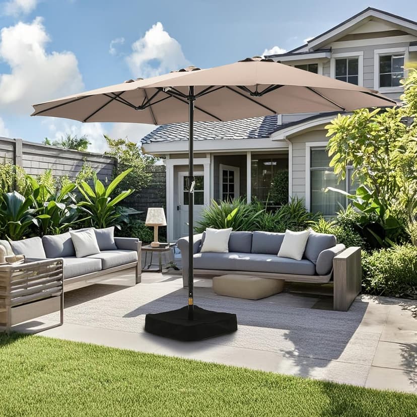 15ft Patio Umbrella with Base Included, Double Sided Outdoor Large Rectangular Patio Umbrella with Crank Handle, for Lawn Garden, Khaki