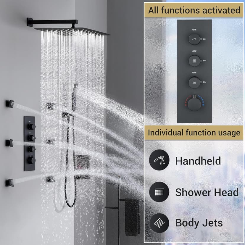 16” Thermostatic Rain Shower System with 6 Body Jets & 16-Inch Rainfall Shower Head, JetsBath Full Body Shower Faucet Sets with Valve & Handheld, Matte Black Luxury Wall Mount Shower Faucet Set