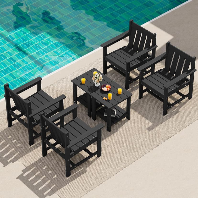 SERWALL 3 Pieces Patio Bistro Set, All Weather Adirondack Chair Set with Side Table, HDPE Material Outdoor Patio Furniture Set for Balcony, Porch, Garden, Backyard- Black