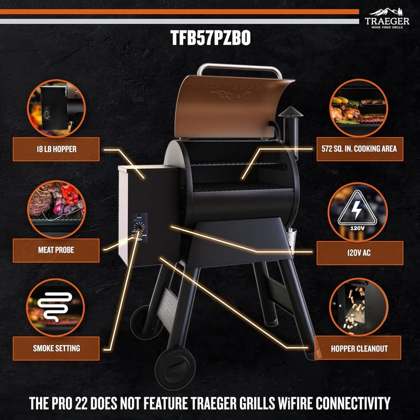 Traeger Grills Pro 22 Wood Pellet Grill & Smoker, Electric Pellet Smoker Grill Combo, 6-in-1 BBQ Versatility, 572 sq. in. Grilling Capacity, Meat Probe, 450 Degree Max Temperature, 18LB Hopper, Bronze