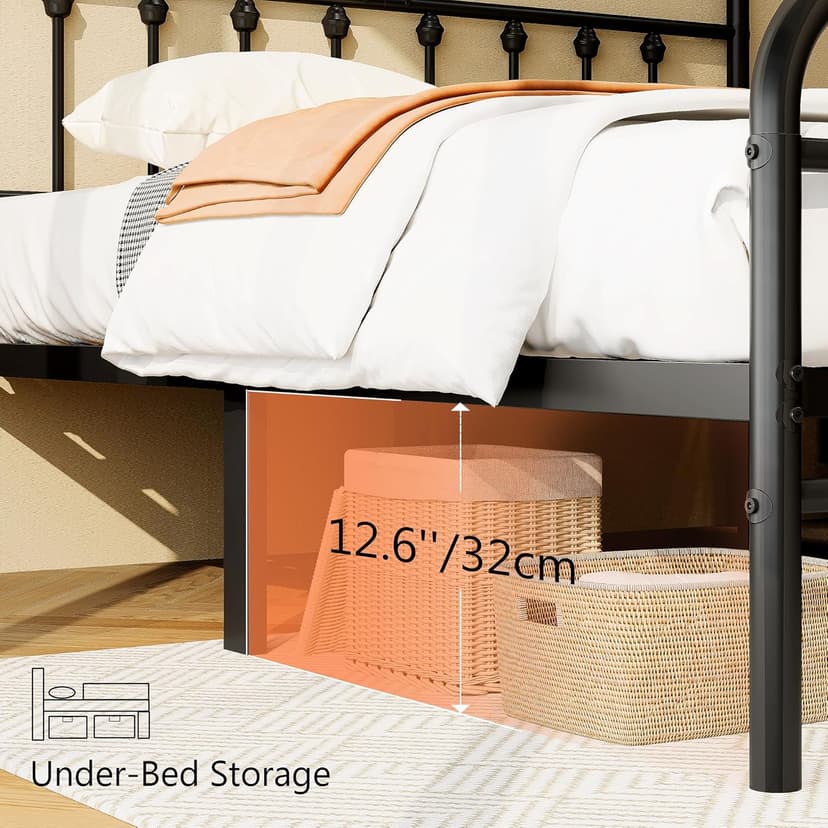 King Size Metal Platform Bed Frame/Victorian Style Headboard and Footboard/Steel Slat Support/Easy Assembly/No Box Spring Needed/Underbed Storage/Noise Free/Black