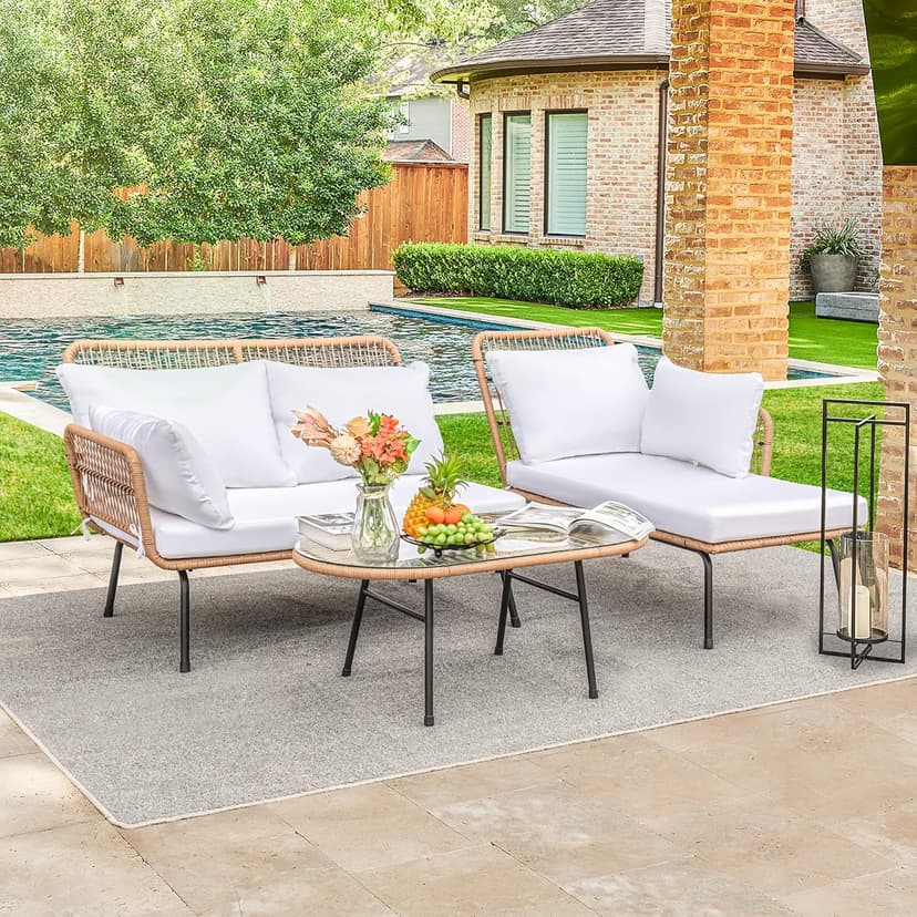 Devoko Outdoor Patio Furniture Set, Outdoor Sectional Conversation Rope Woven L-Shaped Sofa Set with Patio Table and Thick Cushions for Backyard Porch Balcony Garden, White