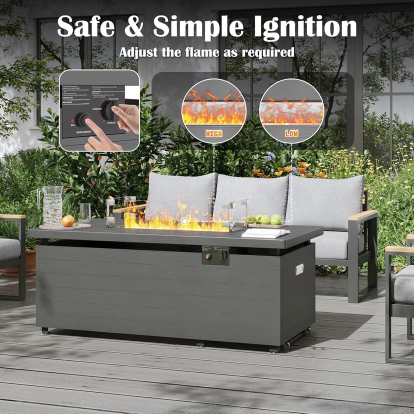 Sundale Outdoor 51 Inch Outdoor Fire Pit Table, 50,000 BTU Rectangle Propane Fire Pit with Glass Wind Guard, Rain Cover, Removable Lid, CSA Certified, Gray