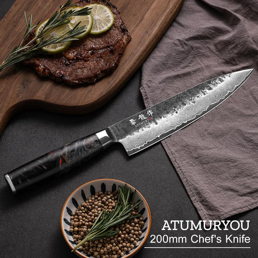 Japanese Chef Knife, 8 Inch Damascus Kitchen Knife with VG10 Steel Core, Professional Black Forged Kitchen Knives with Ergonomic Handle, Leather Sheath & Luxury Gift Box, Birthday Gifts for Men Women