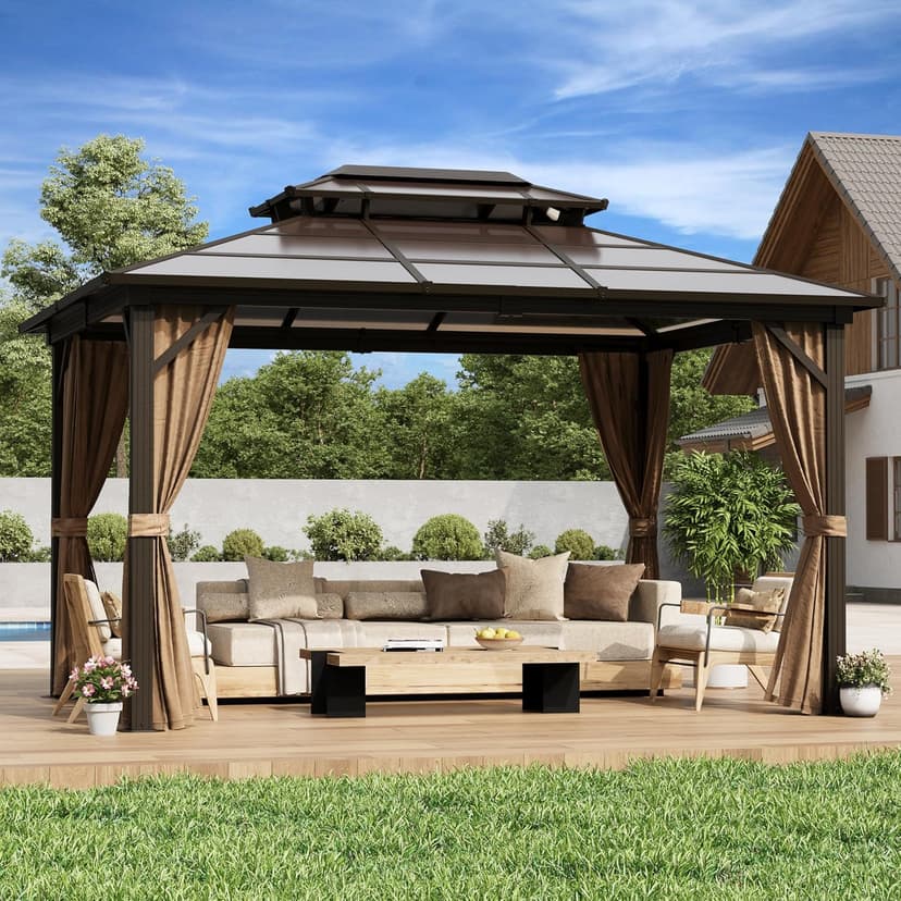 YOLENY 10'x13' Hardtop Gazebo, Outdoor Polycarbonate Double Roof Canopy, Aluminum Frame Permanent Pavilion with Curtains and Netting, Sunshade for Garden, Patio, Lawns