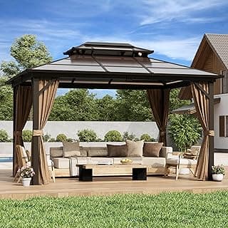 YOLENY 10'x13' Hardtop Gazebo, Outdoor Polycarbonate Double Roof Canopy, Aluminum Frame Permanent Pavilion with Curtains and Netting, Sunshade for Garden, Patio, Lawns