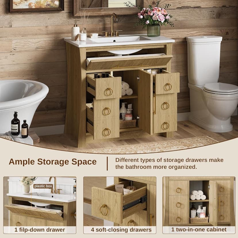 IRONCK 36" Bathroom Vanity with Sink, Freestanding Bathroom Sink Cabinet with 4 Drawers & 1 Flip-Down Drawer, Wood Grain Texture, Metal Handle, Farmhouse