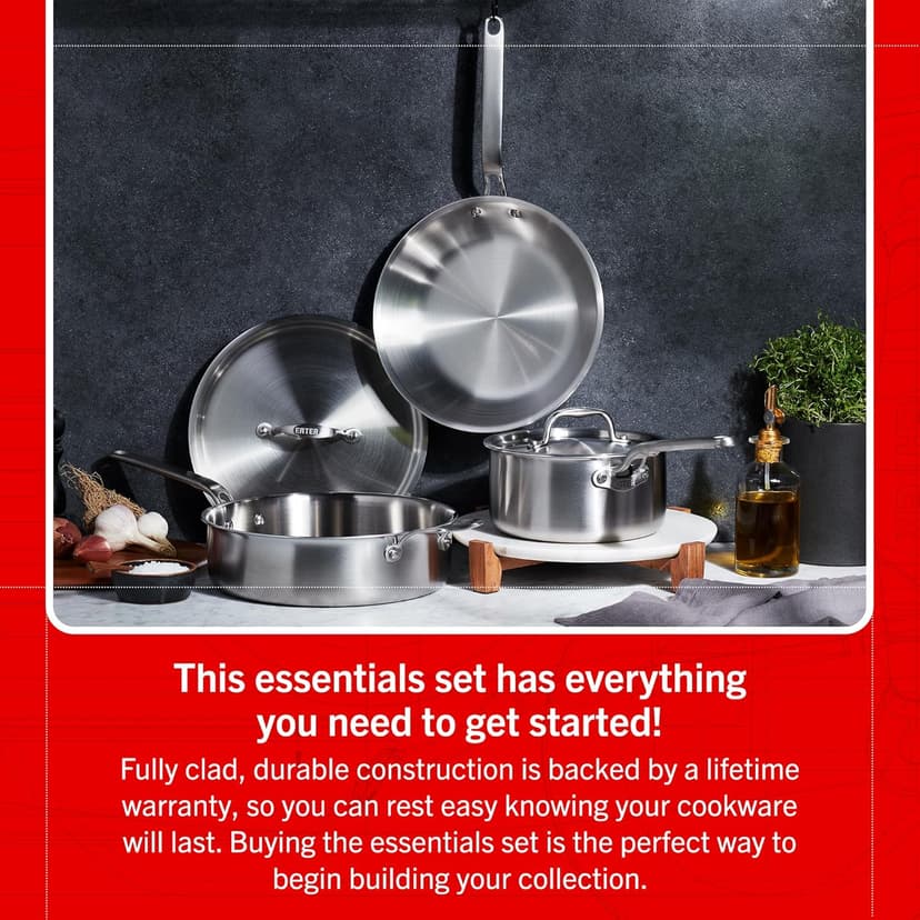 Heritage Steel Eater Series 5 Piece Essentials Set | Made in USA | 5 Ply Fully Clad Stainless Steel Cookware Set | Stay Cool Handle | Induction Ready & Non-Toxic