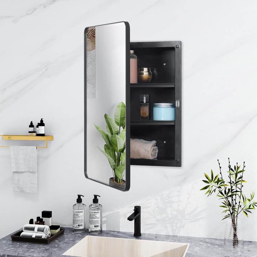 Fundin Plastic Black Medicine Cabinet, Beveled Edge Mirror Door with Round Corner Metal Frame, Recessed and Surface Mount Bathroom Medicine Cabinet, 16 x 24 inch Mirror Size