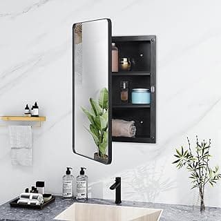 Fundin Plastic Black Medicine Cabinet, Beveled Edge Mirror Door with Round Corner Metal Frame, Recessed and Surface Mount Bathroom Medicine Cabinet, 16 x 24 inch Mirror Size