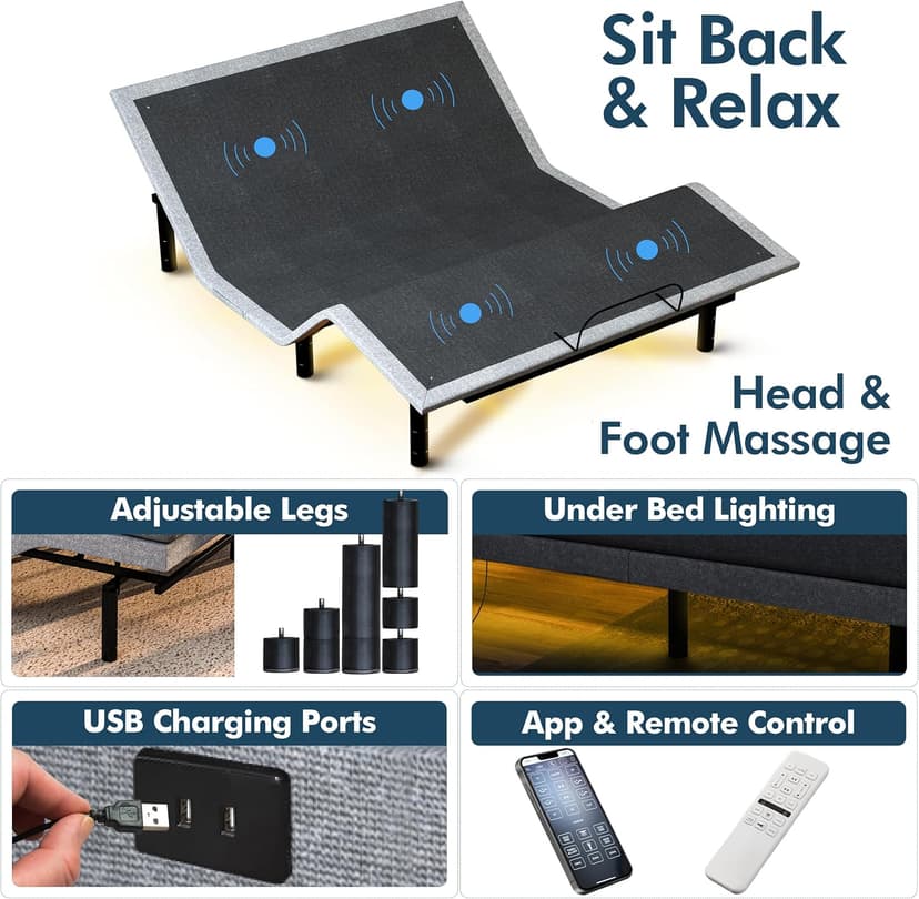 SF Split King Adjustable Bed Frame with Hybrid Mattress Included Massage - Adjustable Bed + Medium Soft Mattres, USB, UnderBed Light, Remote + App Control Electric Zero Gravity Base