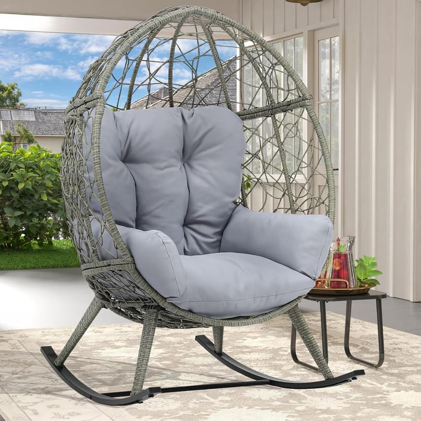 DWVO Wicker Rocking Egg Chair, Oversized Indoor Outdoor Rattan Rocking Chair, Indoor Outdoor Lounger for Patio, Backyard, Living Room, Light Gray