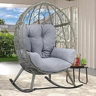 DWVO Wicker Rocking Egg Chair, Oversized Indoor Outdoor Rattan Rocking Chair, Indoor Outdoor Lounger for Patio, Backyard, Living Room, Light Gray