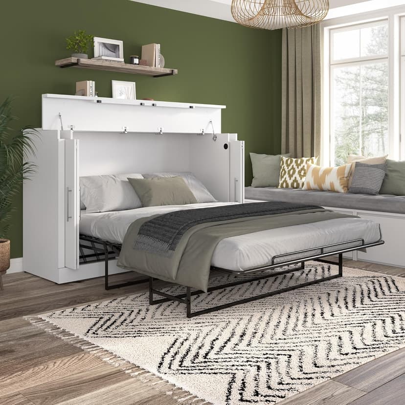 Bestar Nebula 75W Queen Size Murphy Cabinet Bed with Mattress in White, 75-inch Space-Saving Sleeping Arrangement for Multipurpose Guest Room or Home Office