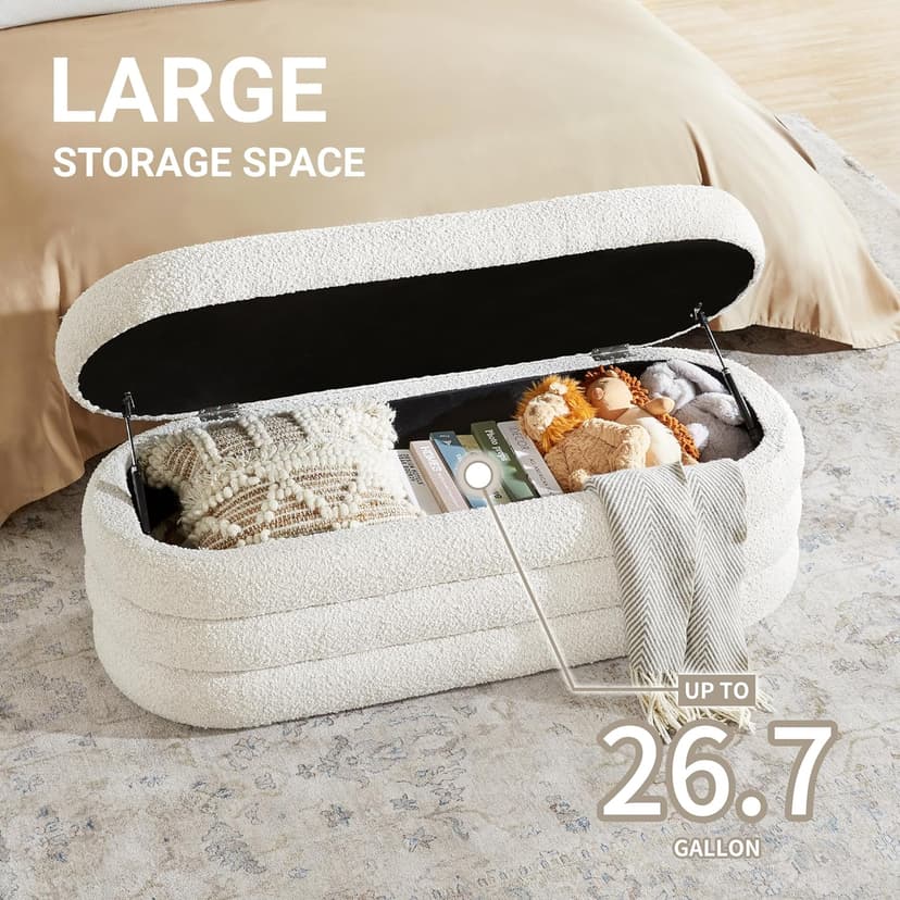 Storage Ottoman Bench 49.2 Inch Upholstered Fabric Storage Bench for Bedroom End of Bed Aesthetic Large Oval Storage Ottoman for Living Room Entryway (Ivory)