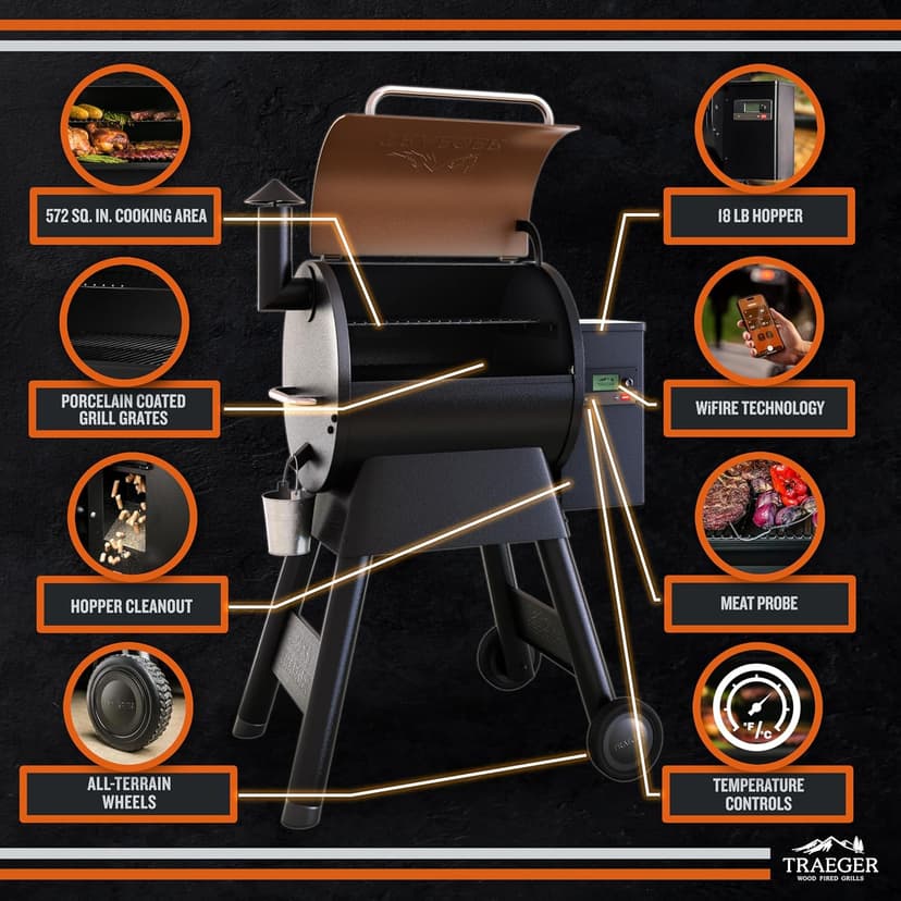Traeger Grills Pro 575 Wood Pellet Smoker and Grill, WiFi and App Enabled Electric Smoker, 6-in-1 BBQ and Pellet Grill, 572 Square Inches of Grilling Area, 500 Degree Max Temperature, Bronze Finish